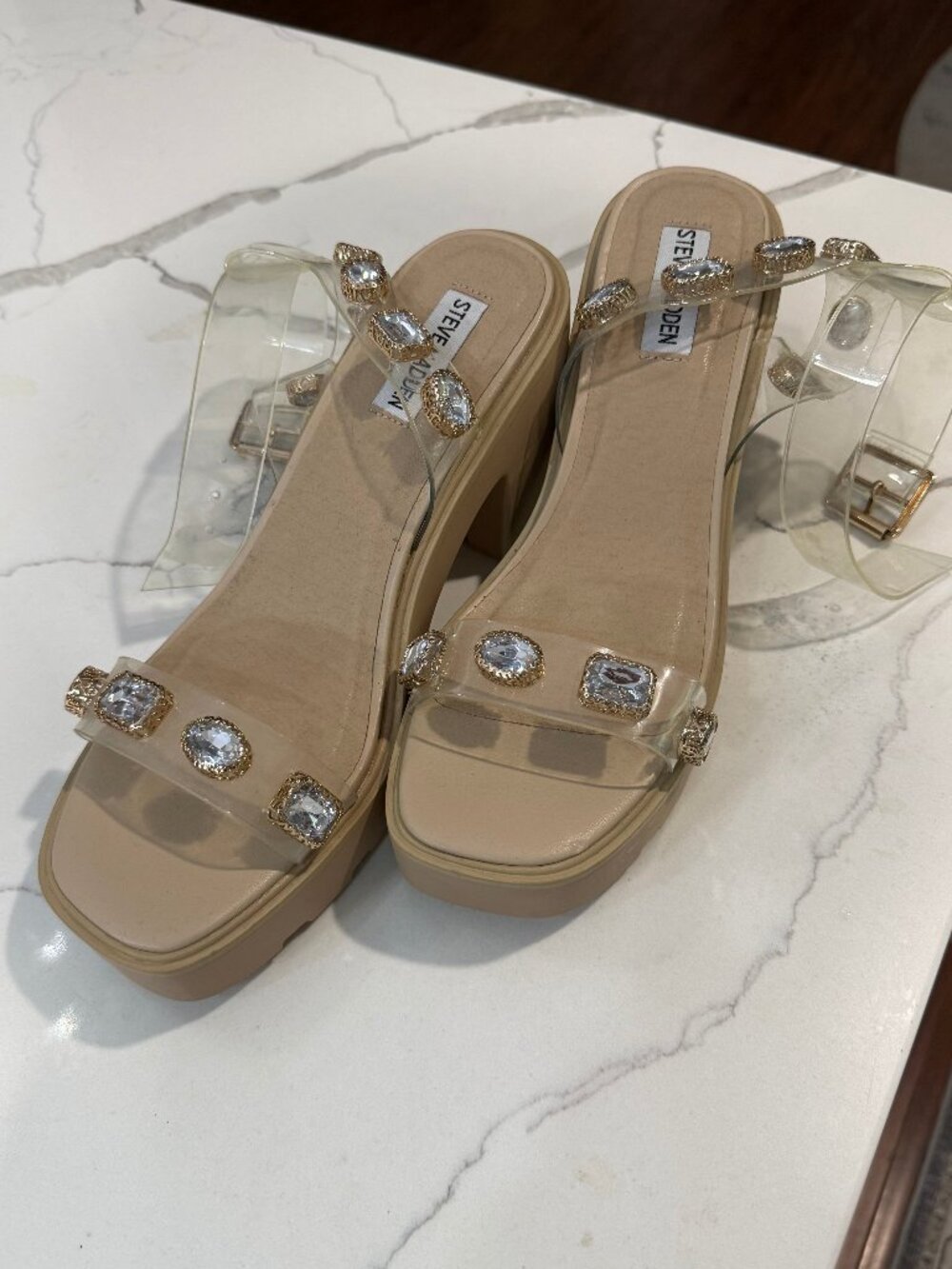 Steve Madden Torey Clear Jeweled Platform Heel Sandals Nude Gold Size 9